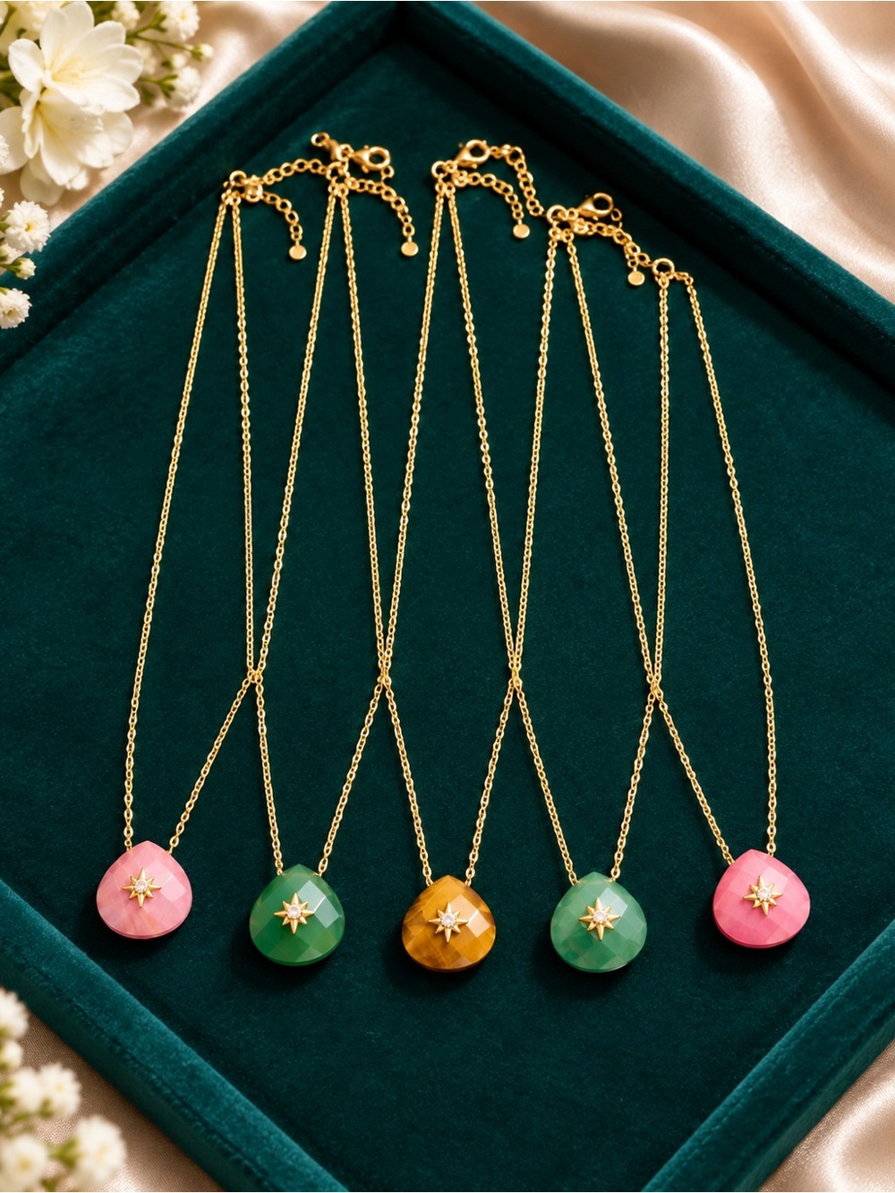 Gold-Plated Pendant Necklace with Colored Stone - Pink, Green, Yellow